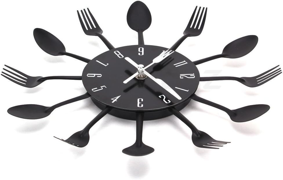 Creative Fork Knife Wall Clock, Cutlery Kitchen Novelty Hang Clock, Decorative Stainless Steel Spoon Utensil Analog Clock, Modern Decal Wall Sticker, Frameless DIY Mirror Effect Clock (Black)