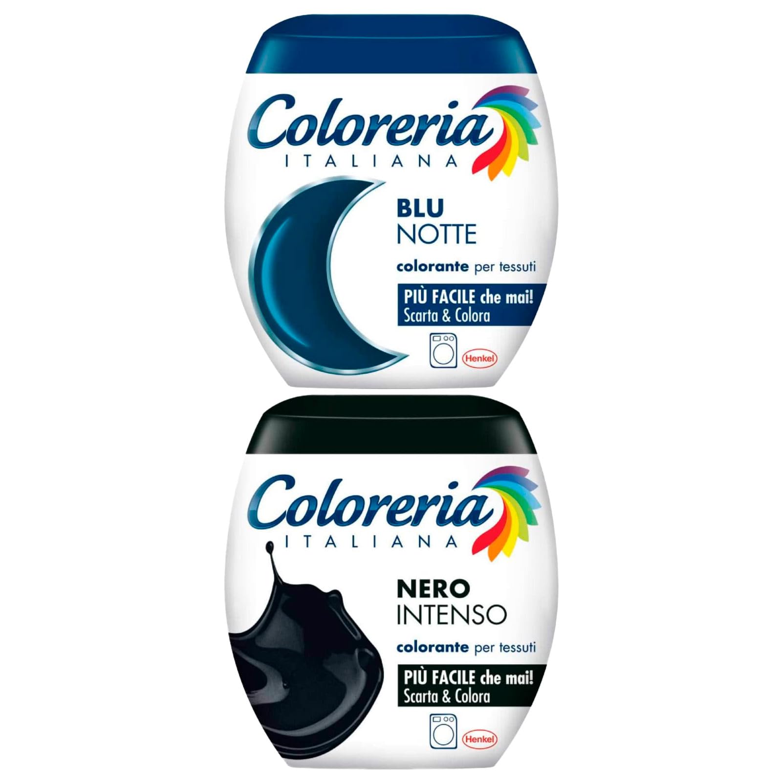 Coloreria Italiana Colorante per Tessuti in Lavatrice Colore Nero Intenso Formula Tutto in Uno + Coloreria Italiana Colorazione Blu Notte per Cotone Lino e Viscosa - 2 Confezioni Monodose