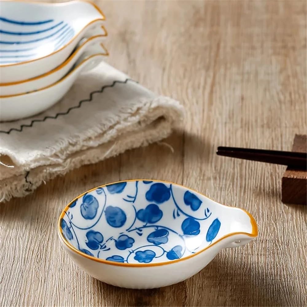 pojemnik na przekąski 4 ceramiczne talerzyki na sos, niebiesko-biała porcelana, przyprawa do sosu sojowego, ceramika, sos do sushi(Brown Stroke)
