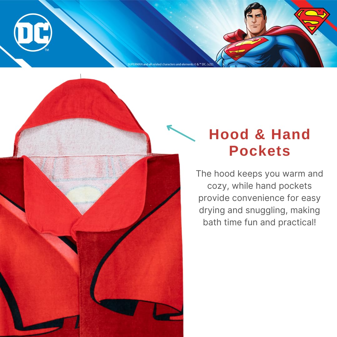 Franco Superman Cape Kids Super miękki ręcznik kąpielowy/basen/plaża miękki bawełniany frotte ręcznik z kapturem, 61 cm x 127 cm, (oficjalnie licencjonowany produkt)