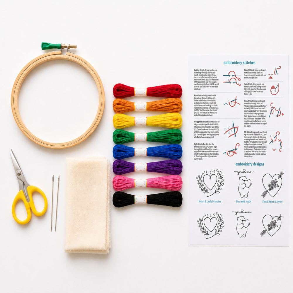 Embroidery Kit for Beginners with Wooden Hoops (6, 8 & 9 Inch) | Hand Embroidery Starter Kit with Threads, Needles, Scissors & Instruction Guide | DIY Needlework Craft Kit (6 inch Hoop)-image-43