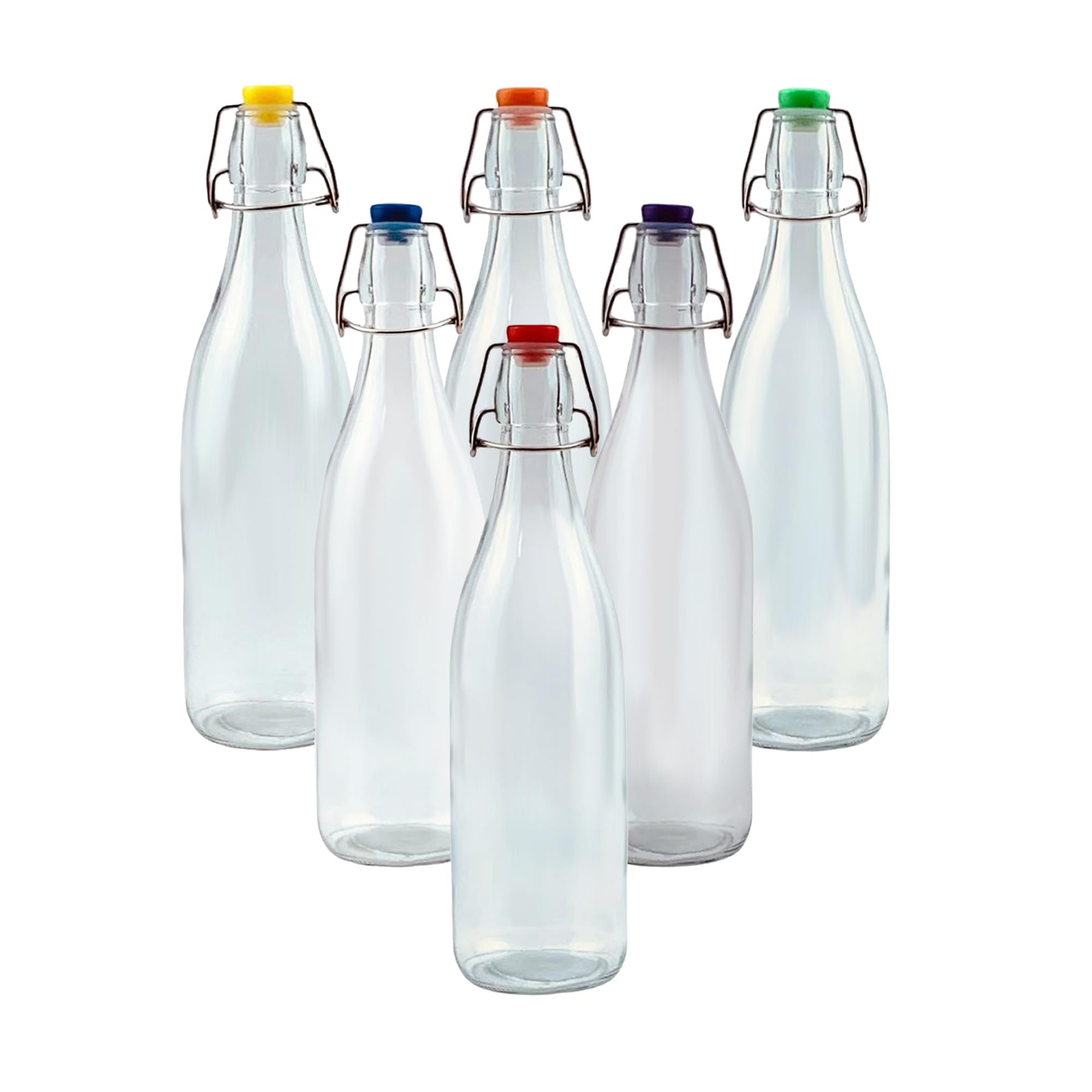 Simpa Vintage Style Clear Glass Bottles With Assorted Colour Swing Top Lids. Round 750Ml Bottles - Set Of 6