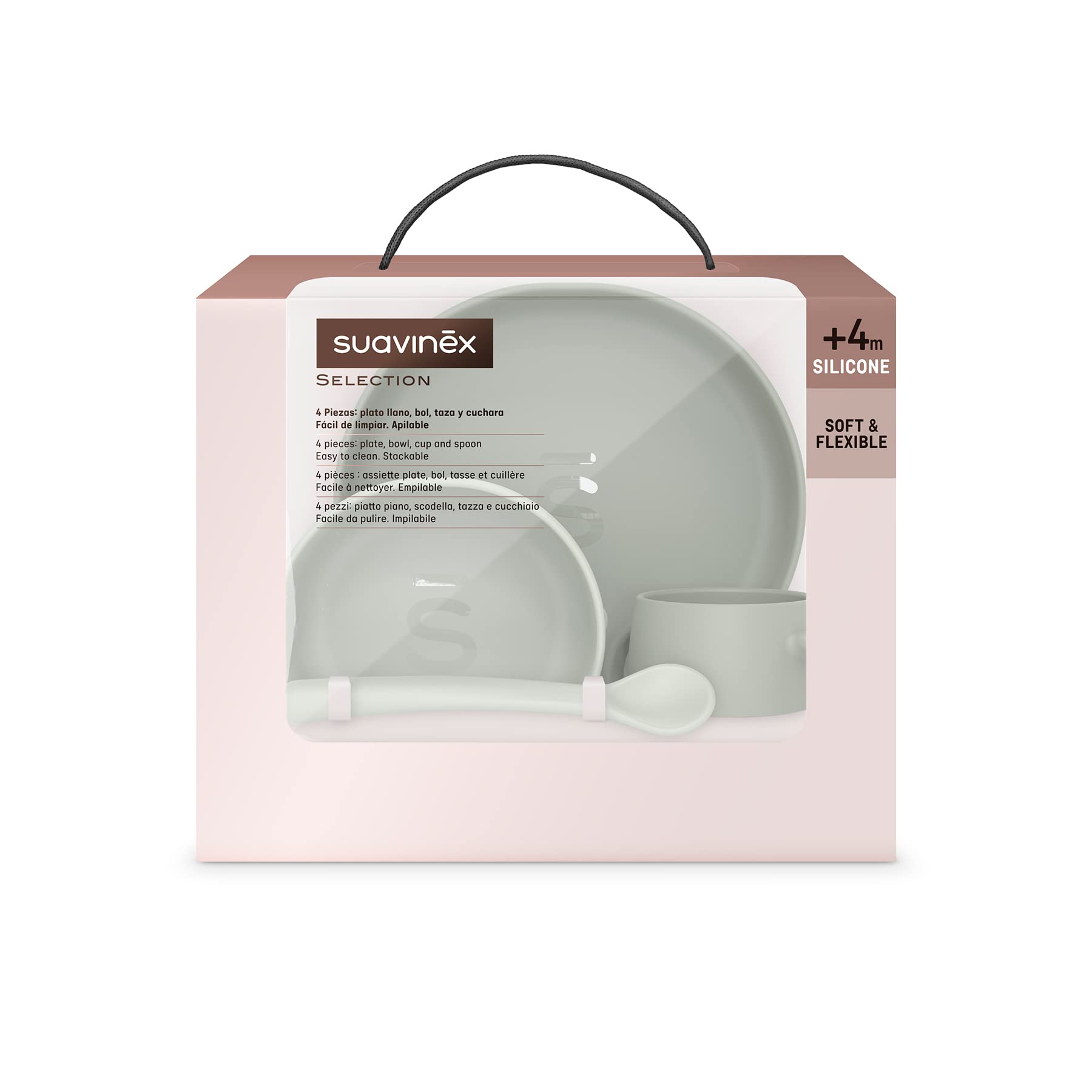 Suavinex, Stoviglie per Bambini in Silicone, con Ventosa Resistente. Include: Ciotola da 350 ml + Piatto da 400 ml + Tazza da 240 ml + Cucchiaio, +4 Mesi. Colour Essence, Verde