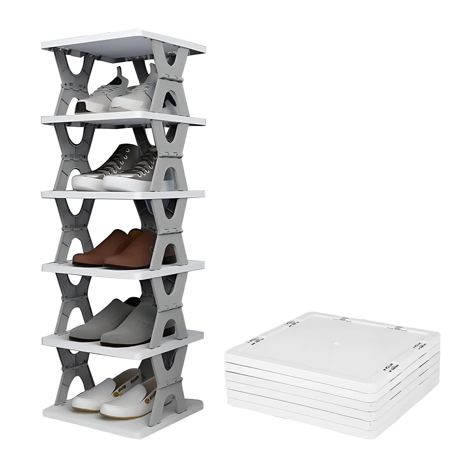 pivalo 6-tier stackable shoe rack expandable pvc footwear organiser portable lightweight and reusable storage shelf for sandals & sleepers - white