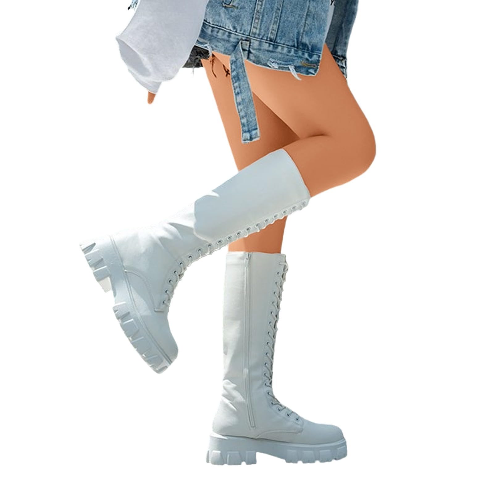 Stivali lunghi da donna con plateau britannico, in pelle, con lacci, caldi, alla moda, eleganti e alla moda, con gambo largo, in pelle con cerniera laterale