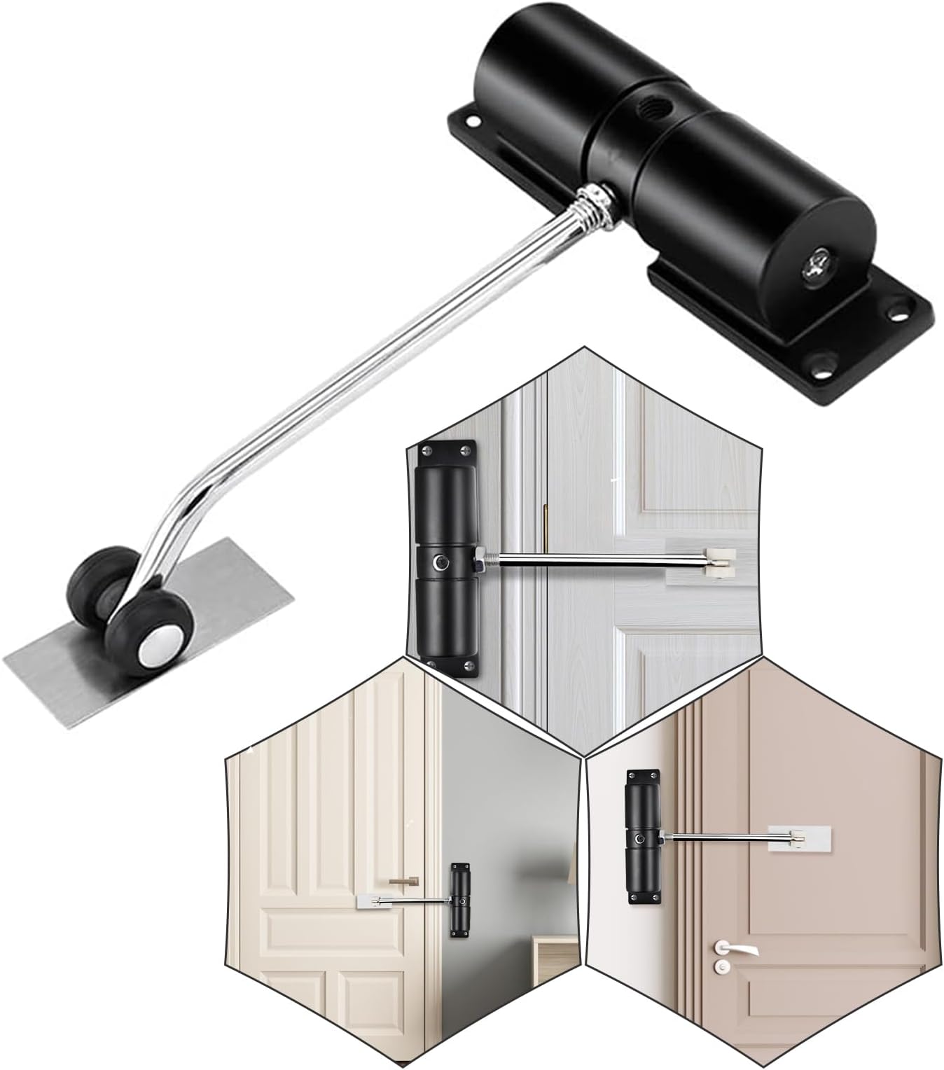 Door Closer, Automatic Door Closers for Interior Doors, Adjustable Hydraulic Spring Loaded Closer, Self Closing Gate Hinge for Weights 20-25kg, with Adjusting Rod and Screws (Black)