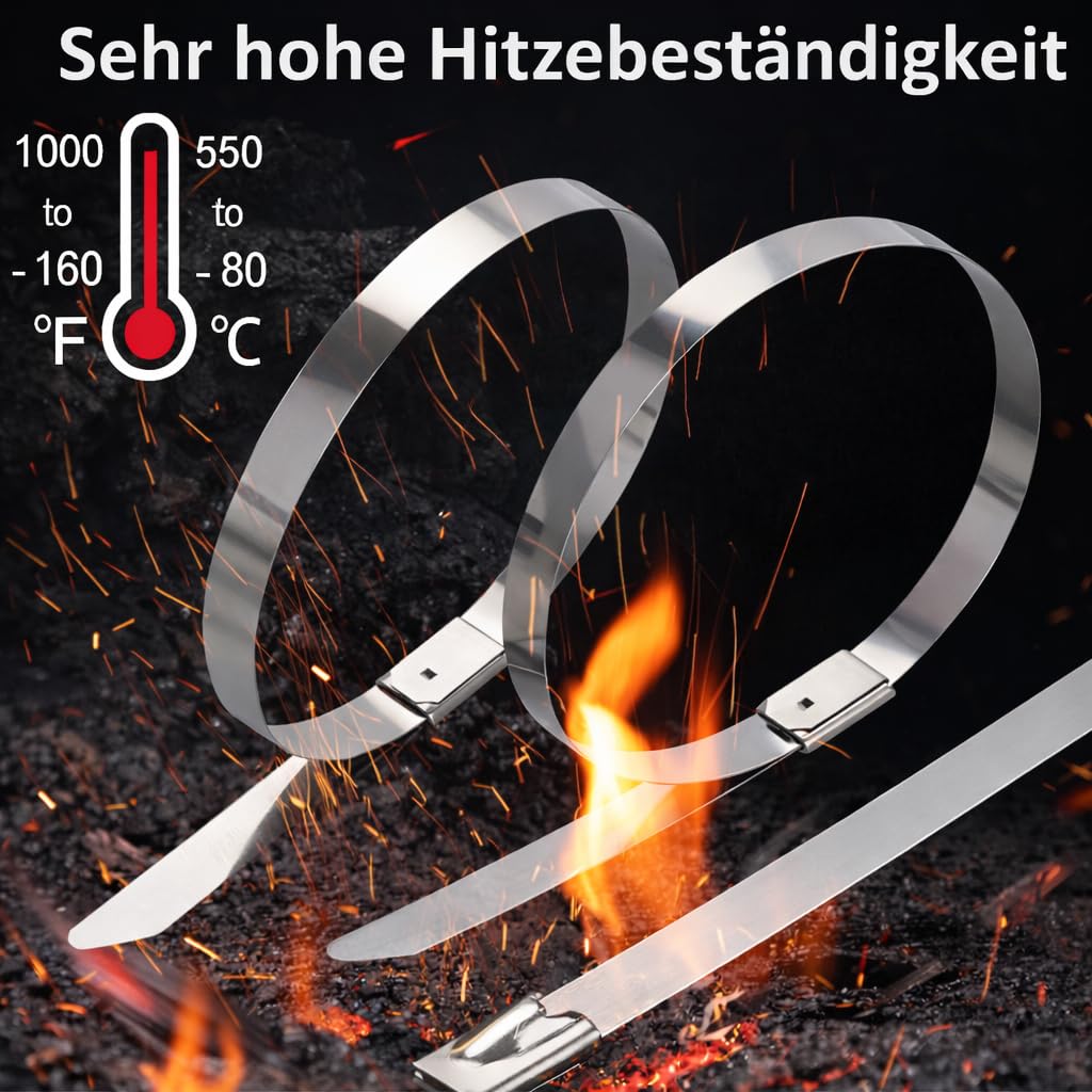 Edelstahl Kabelbinder in 7,9 x 700mm | 100 Stk. - hitzebeständige Metall Kabelbinder bis 500 °C, extrem reißfest, rostfrei für Industrie, Werkstatt, Haus & Garten