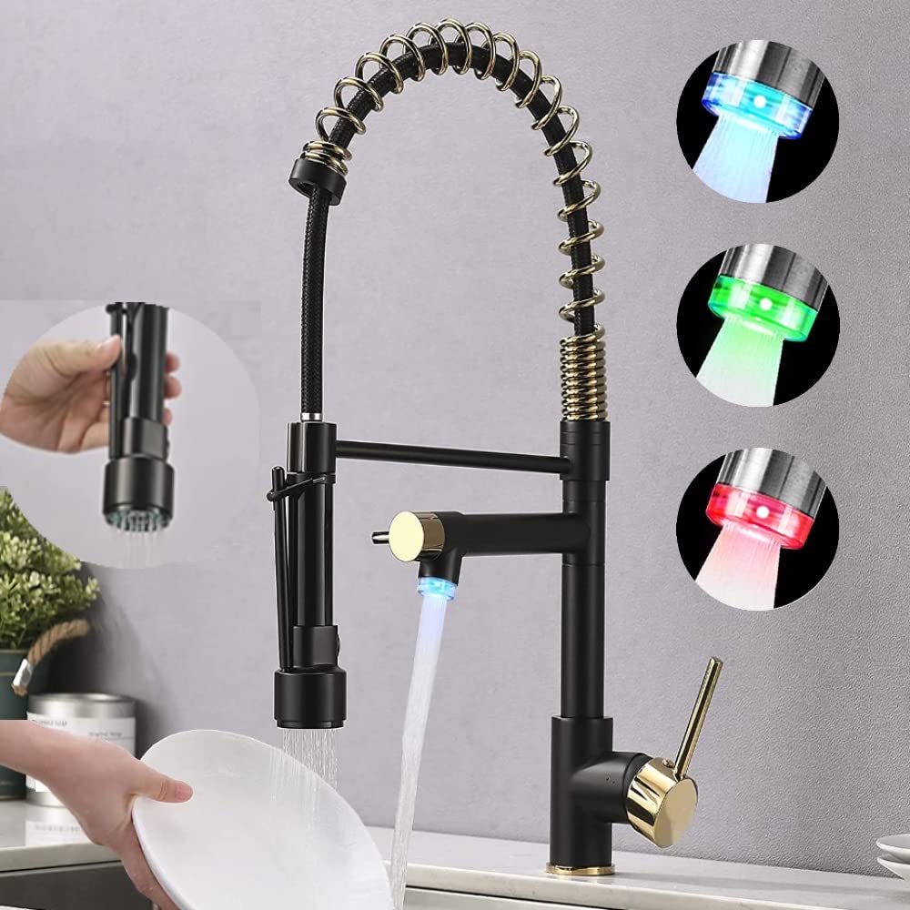 Smart Kitchen Faucet, 3 Modes Pull Down Sprayer, LED Temperature Control, Ceramic Valve,360-Degree Rotation,1 or 3 Hole Deck Plate, Double Spout. 5-Year Warranty. (KW-21RK, Gold/Black)