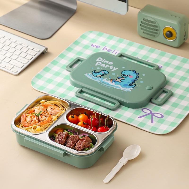 Printed Dino Party Stainless Steel Lunch Box for Kids Adults, Insulation Keeps Food Warm,Food Grade Bpa Free,3 Compartments with Locking Lid & Steam Valve,Spill Leak Proof|1000Ml Green