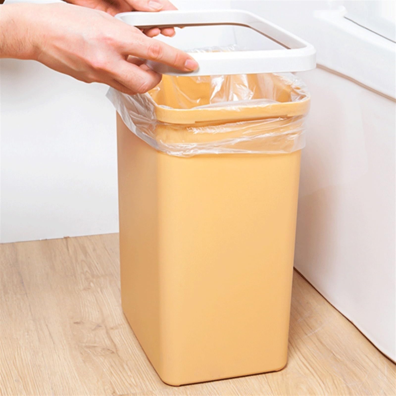 Poubelle Corbeille à papier carrée en plastique adaptée au salon, la chambre coucher, salle de bain avec anneau pression Blanc/gris/rose/beige(Beige)