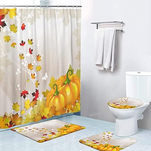 Juego de 4 cortinas de ducha con alfombras antideslizantes, cubierta para tapa de inodoro y tapete de baño, calabaza naranja con hojas, cortina de