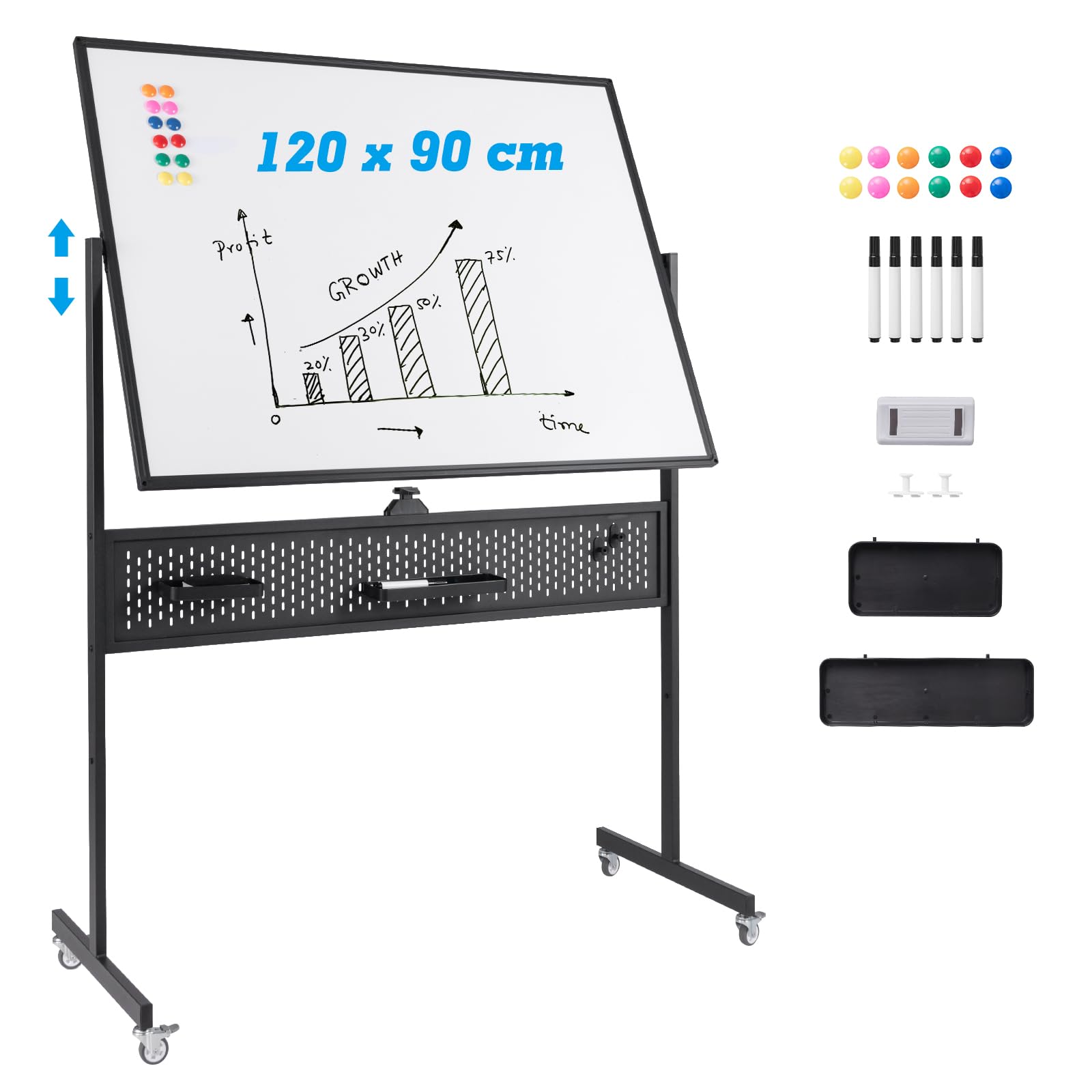 GIANTEX Dwustronna tablica mobilna 120 x 90 cm, tablica magnetyczna z nóżkami z 2 regulacją wysokości, metalowa rama, panel perforowany, 12 magnesów, tablica z kółkami, czarna