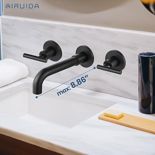 Miniatura 3 de Airuida Grifo de lavabo de baño extendido montado en la pared, grifo mezclador de lavabo de tocador, 2 manijas de palanca, 3 agujeros, caño