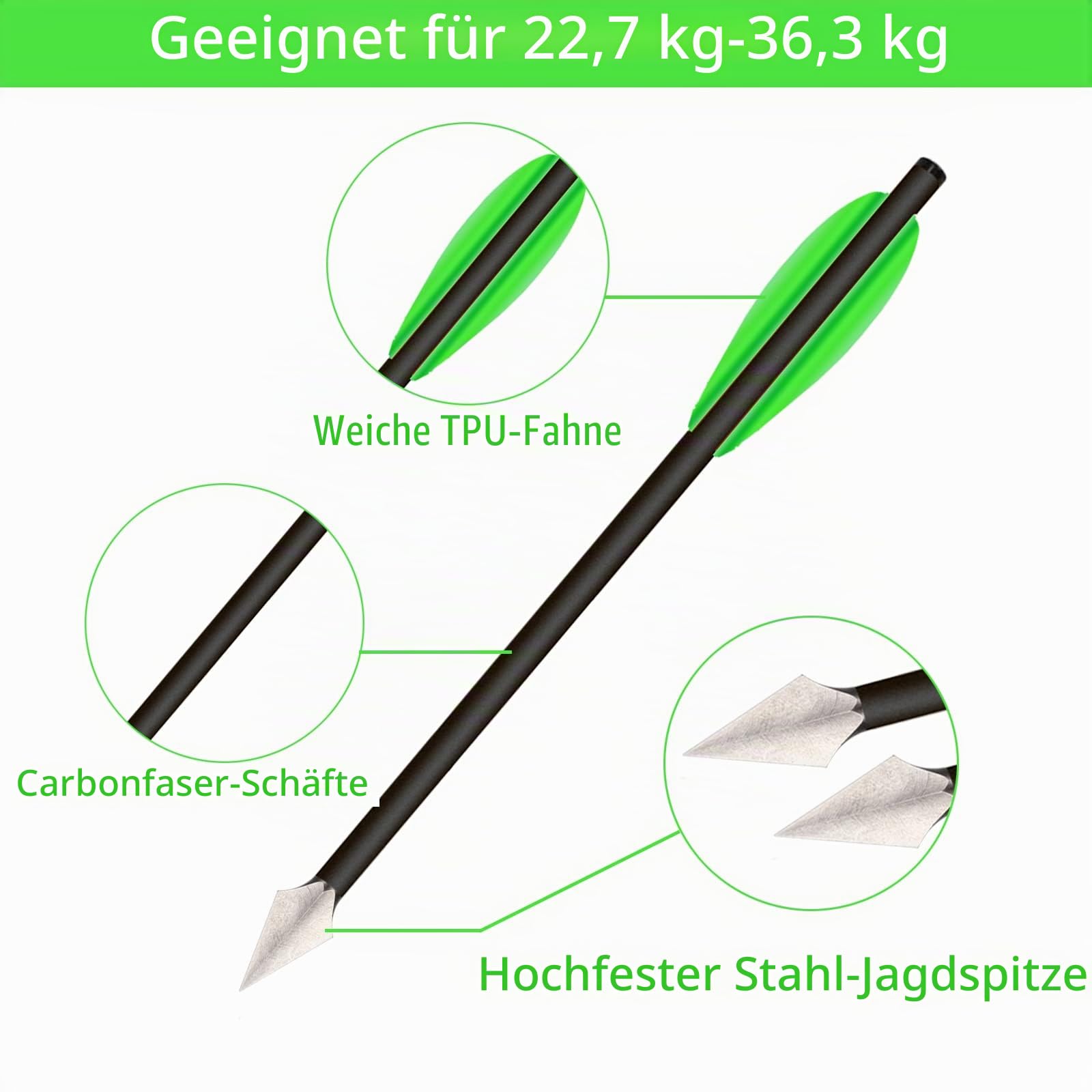 6,3" Carbon Armbrust Bolzen Pfeile mit Jagdspitzen für 50-80lbs Pistolenarmbrust Präzisionsziel, Mini Armbrustpfeile Pistole Armbrust Carbon Bolzen für Schießübungen und kleine Jagd
