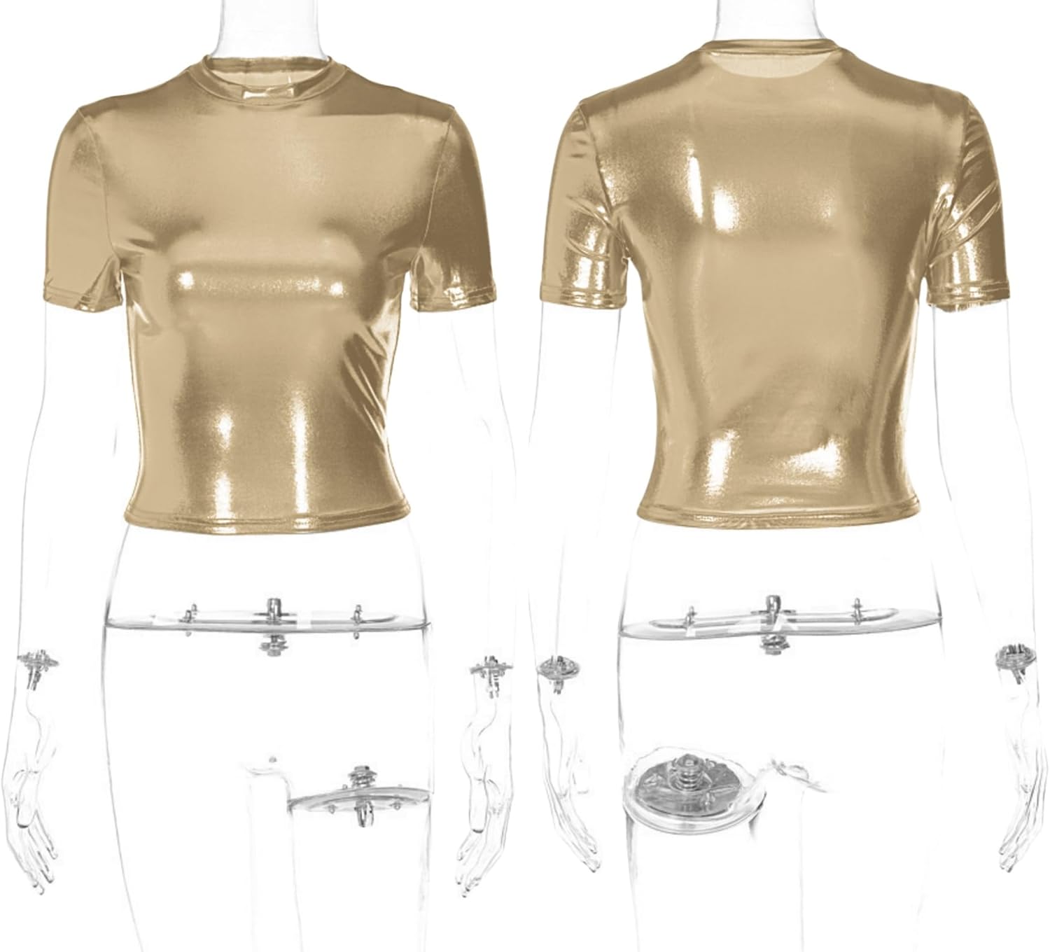 Women's Shiny Metallic Short Sleeve T Shirt Sexy Mock Neck Slim Crop Top Party Disco Club Tees - Image 6