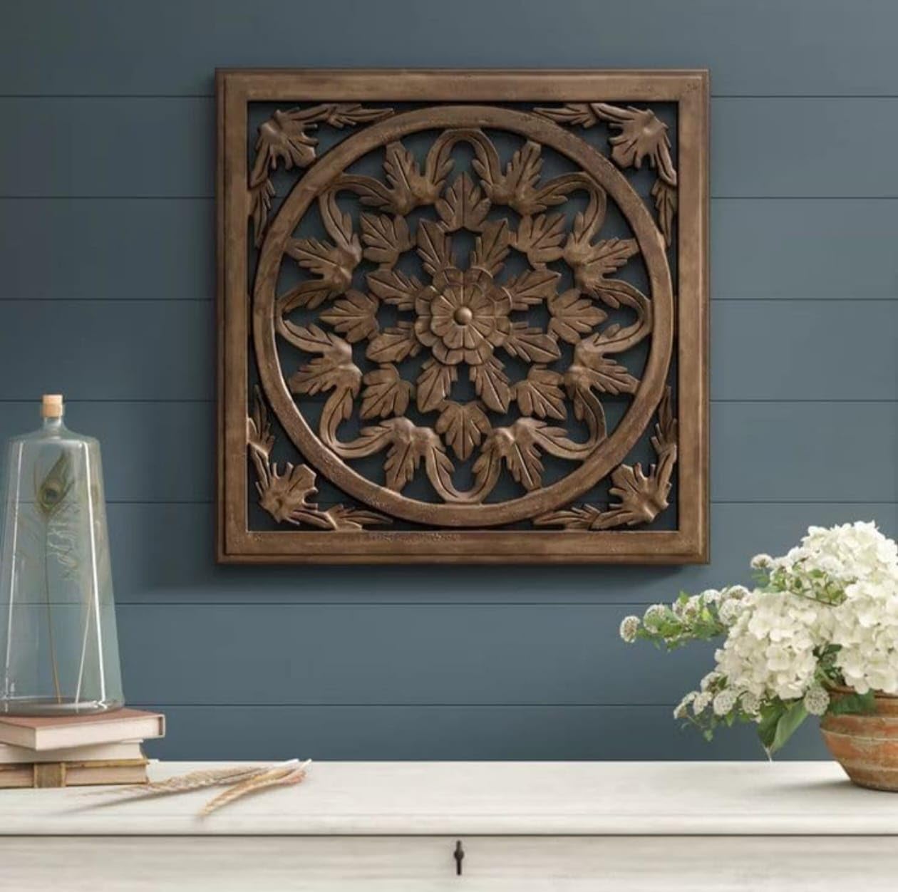 AFFIZU HANDICRAFTS Wall Hanging Wooden Panel For Home Decor, Hand Carved Wooden Art Panel, Wooden Panel, Square Shape, Antique Brown 12x12 Inch-image-44