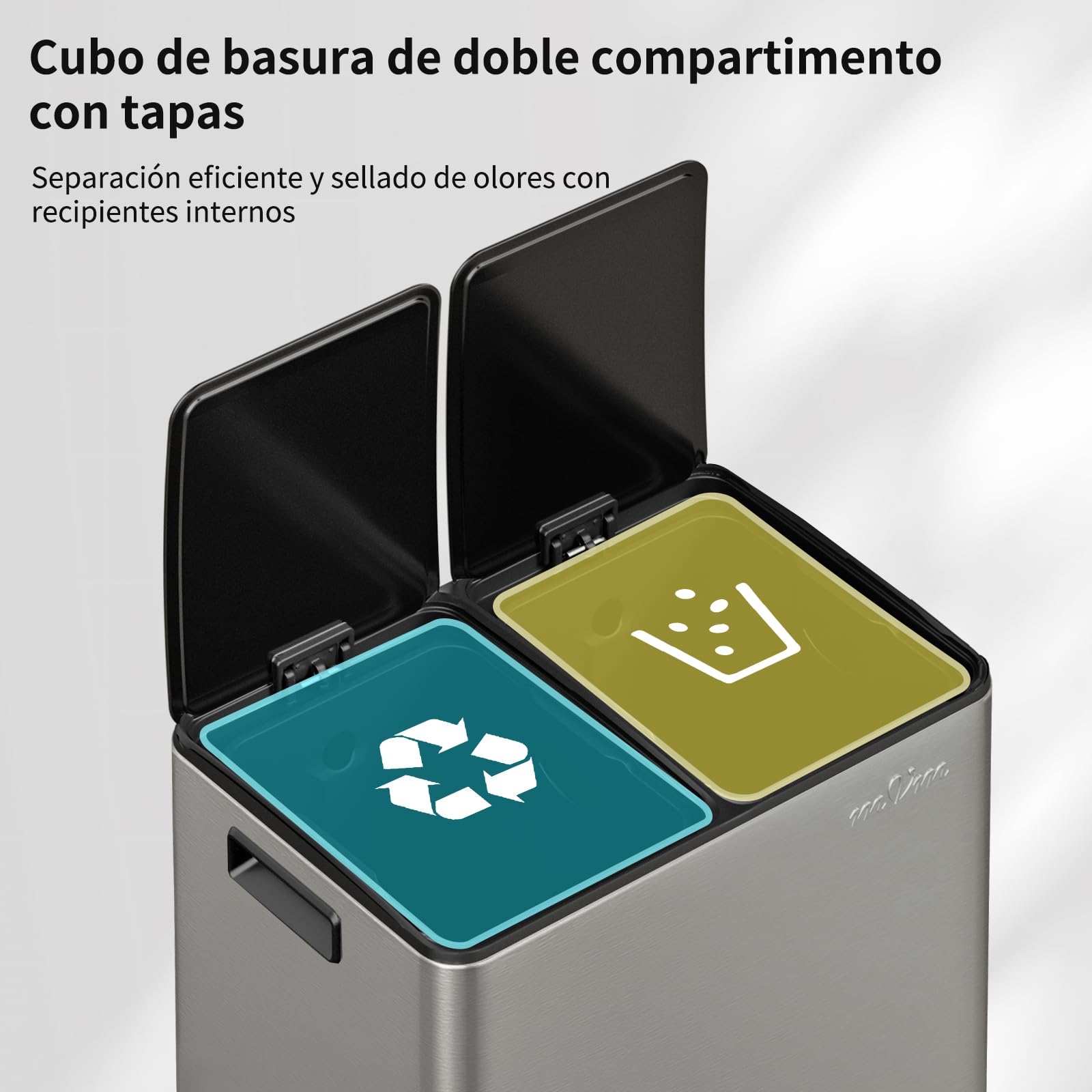 mVm Cubo de Basura Cocina, 2 Compartimentos 2 x 30L Papelera de Cocina de Acero Inoxidable con Pedales, Papelera Moderna y Robusta, Cierre Suave, para Cocina, Salón, Gris