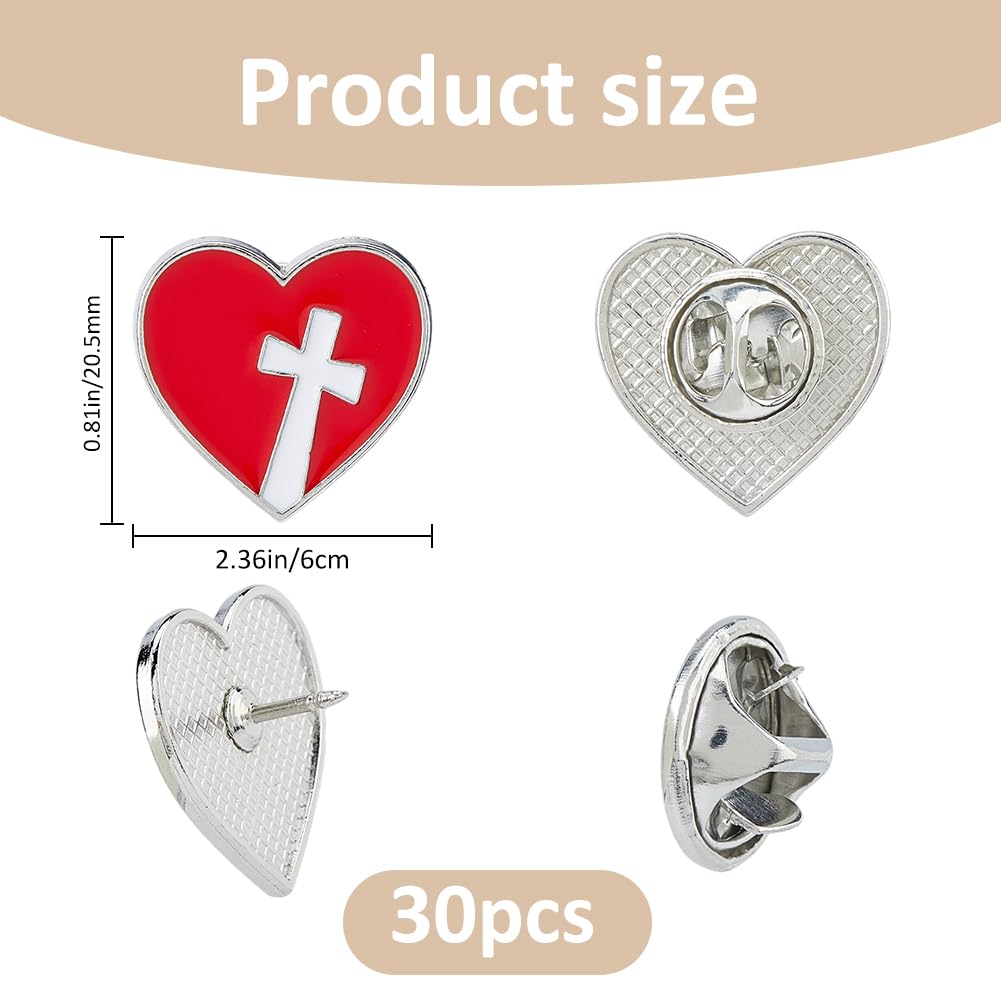 SUPERFINDINGS 30 pines de cruz de corazón rojo a granel, broche religioso cristiano esmaltado cruz, broche de solapa de metal, broche de corbata, regalo para iglesia, funeral, escuela dominical
