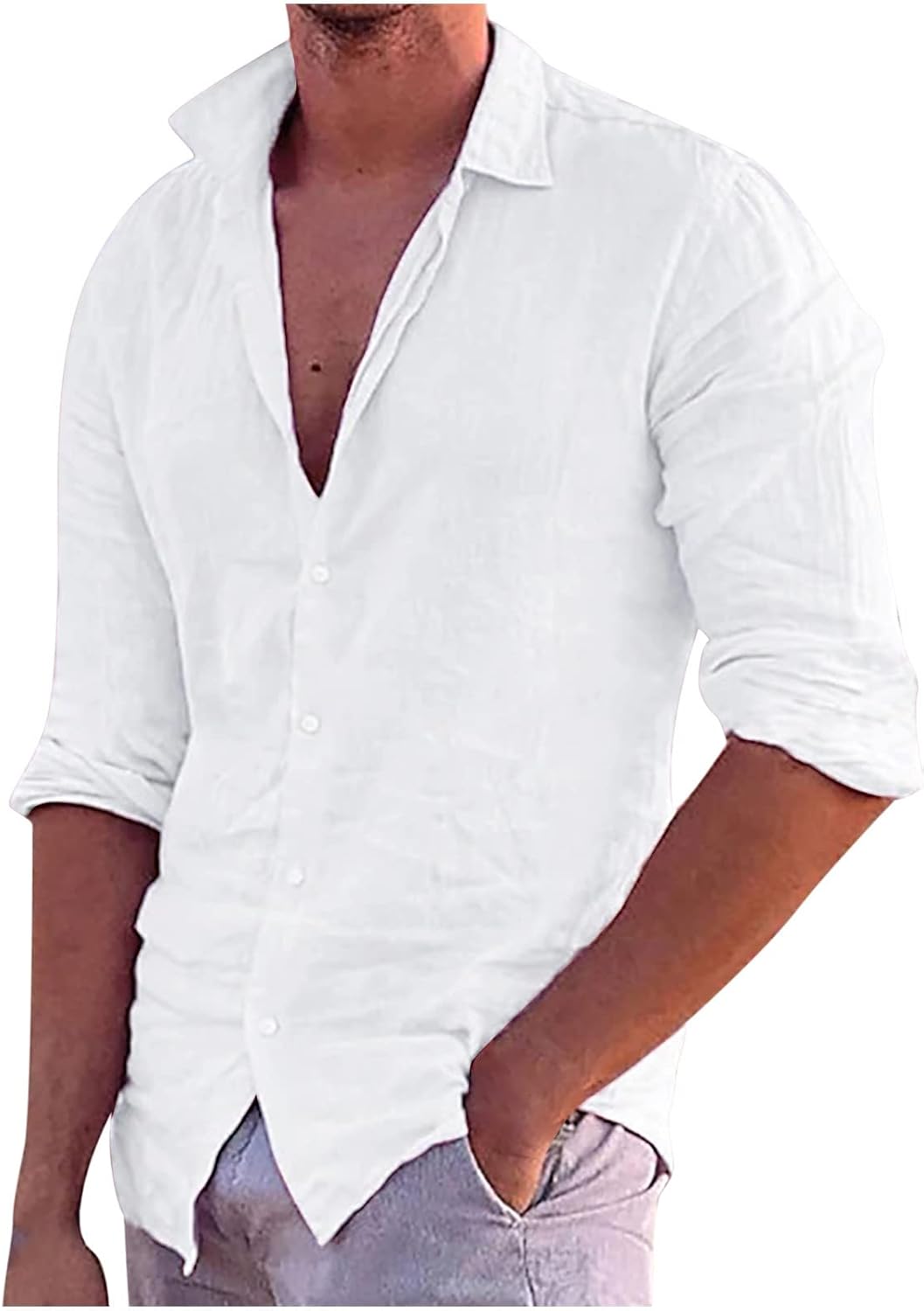 Casual Estiva Camicia Uomo In Lino E Cotone Henley Manica Lunga