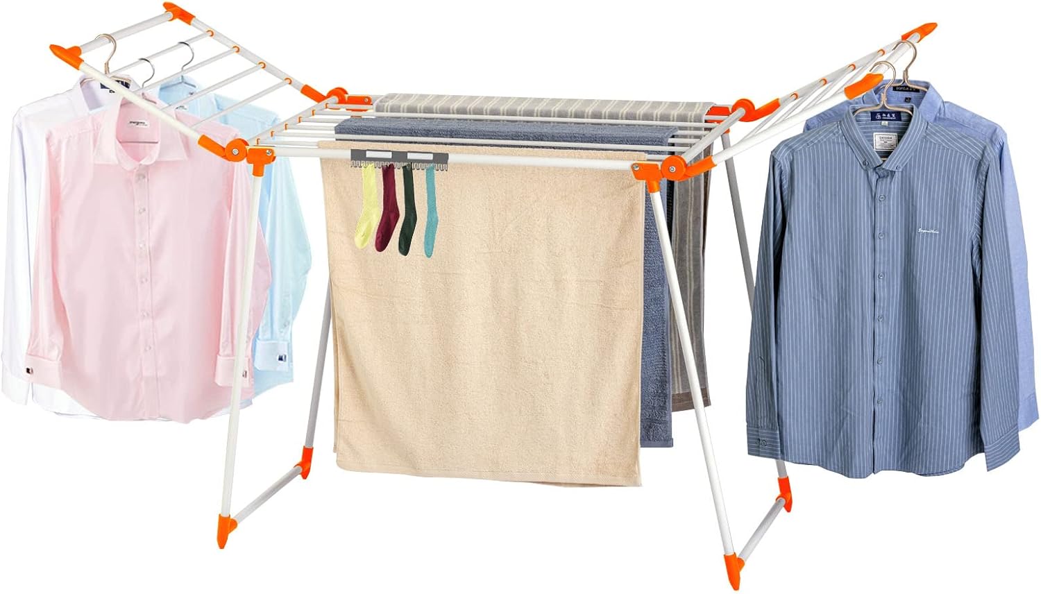 Clothes Drying Rack, Gullwing Laundry Rack, Collapsible, Space-Saving Laundry Rack, with Bonus Sock Clips, for Clothes, Towels, Linens, Indoor/Outdoor, Orange Clothes Drying Rack, Gullwing Laundry Rack, Collapsible, Space-Saving Laundry Rack, with Bonus Sock Clips, for Clothes, Towels, Linens, Indoor/Outdoor, Orange