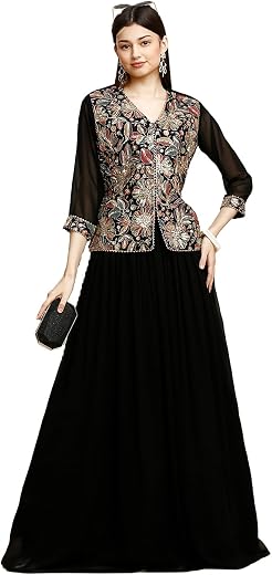 madhuram textiles womens' Georgette Embroidery Short Kurta Top With Long Skirt Set(M-2486 Black)