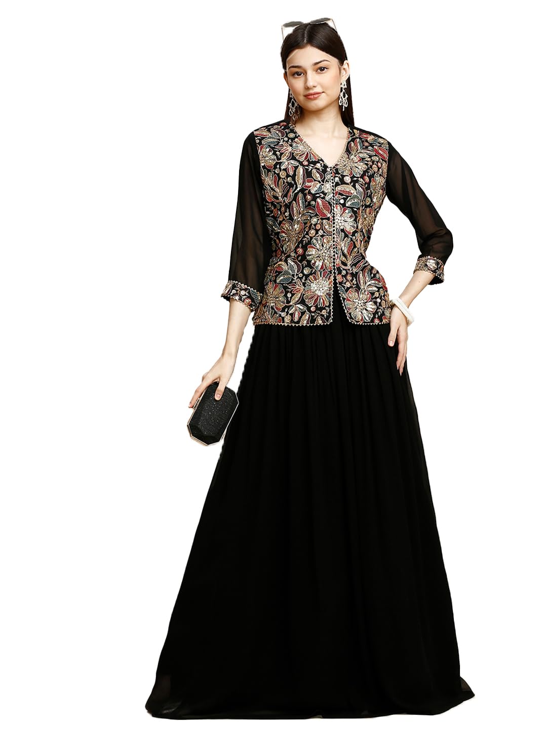 madhuram textiles womens' Georgette Embroidery Short Kurta Top With Long Skirt Set(M-2486 Black)-picture-14
