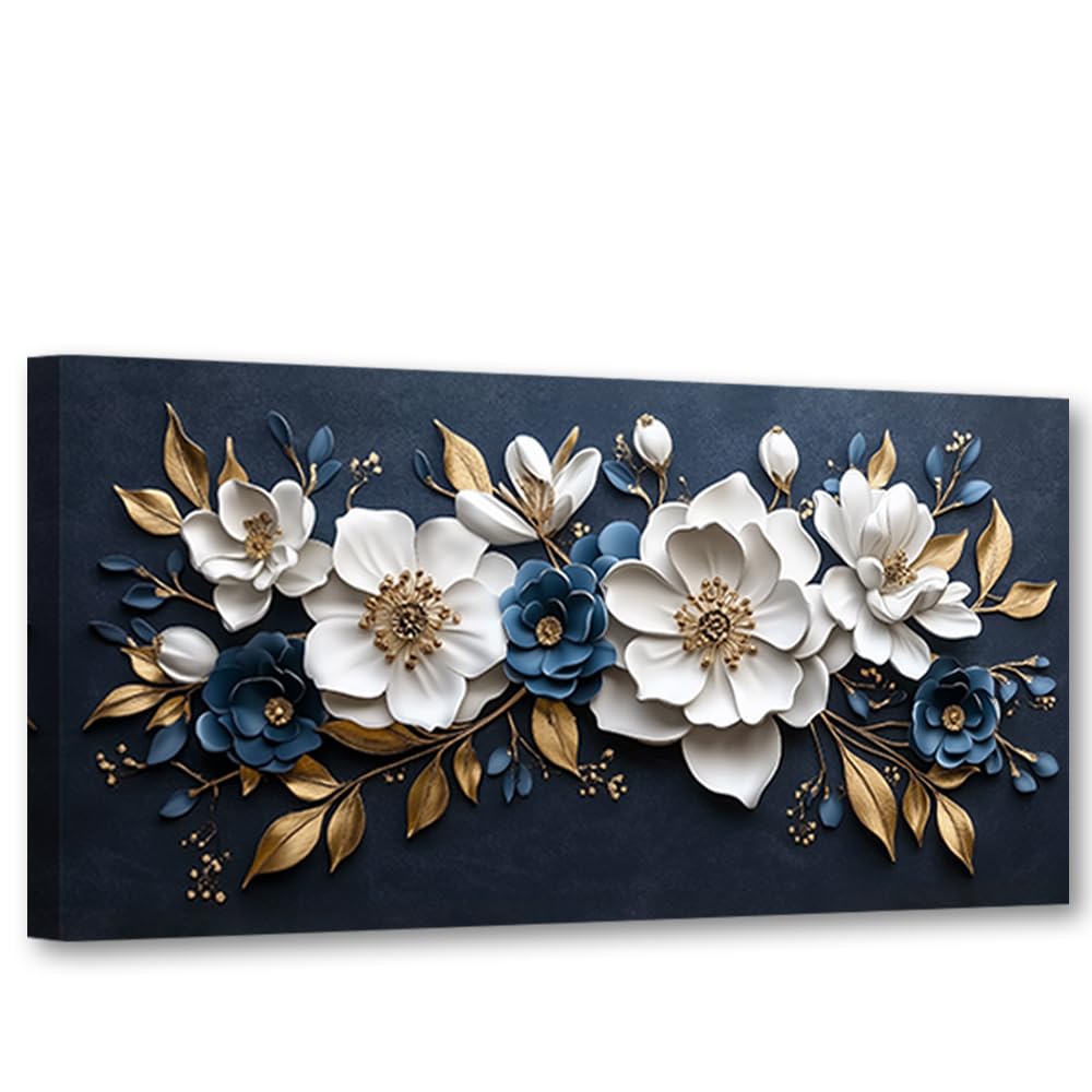 CXHOSTENT Flower Pictures Wall Decor White and Gold Flower Wall Art Modern Floral Canvas Botanical Floral Prints Large Living Room and Bedroom Decor Frame (50.00 x 100.00 cms)