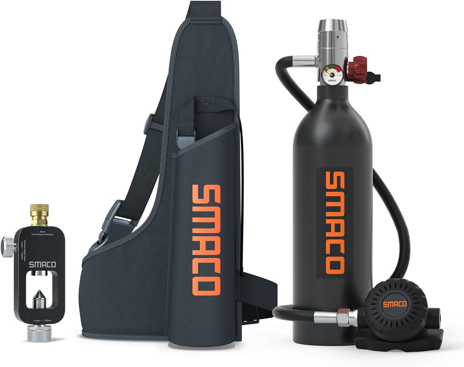 SMACO Mini Scuba Tank for Novice Diver Scuba Tank Scuba Cylinder with 1L Capacity Support 15-20 Minutes Underwater Breathing for Aquatic Fishing/Recreational Diving/Backup Gas, Package-E Black