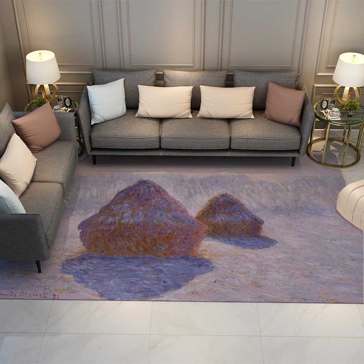 Tapis de chambre Monet doux motif formations rocheuses côtières mauves 90x150cm