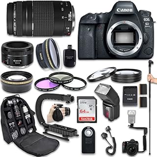 Canon EOS 6D Mark II DSLR Camera with Canon EF 75-300mm f/4-5.6 III Lens + Canon EF 50mm f/1.8 STM Lens + Fully Dedicated TTL Flash + 64Gb SDXC Card + FB-150 Flash Bracket (22 Items kit)