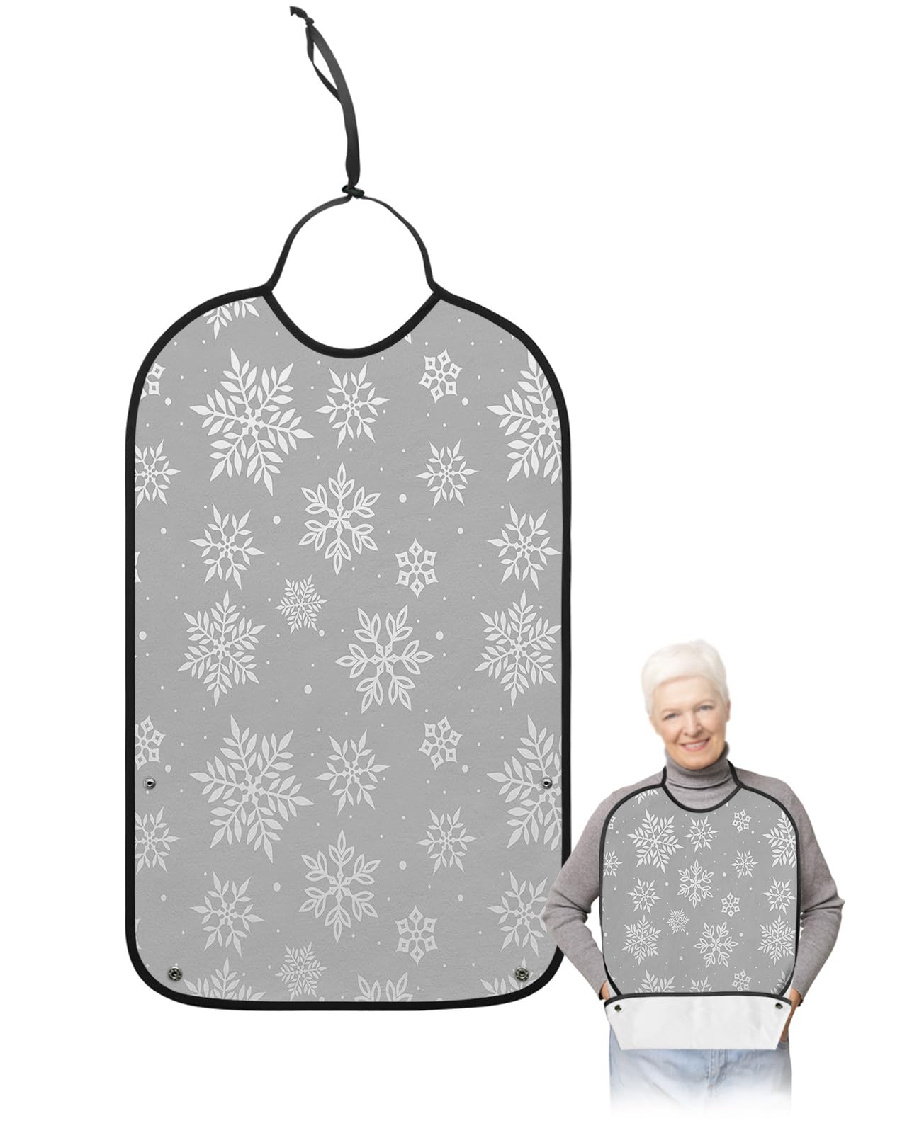 LEOKOTI Christmas Snowflake Adult Bibs for Eating, Waterproof Bibs with Food Catcher & Adjustable Snap Closure, Falling Snowflake Grey Washable Clothing Protectors Adult Bibs for Elderly Women/Men