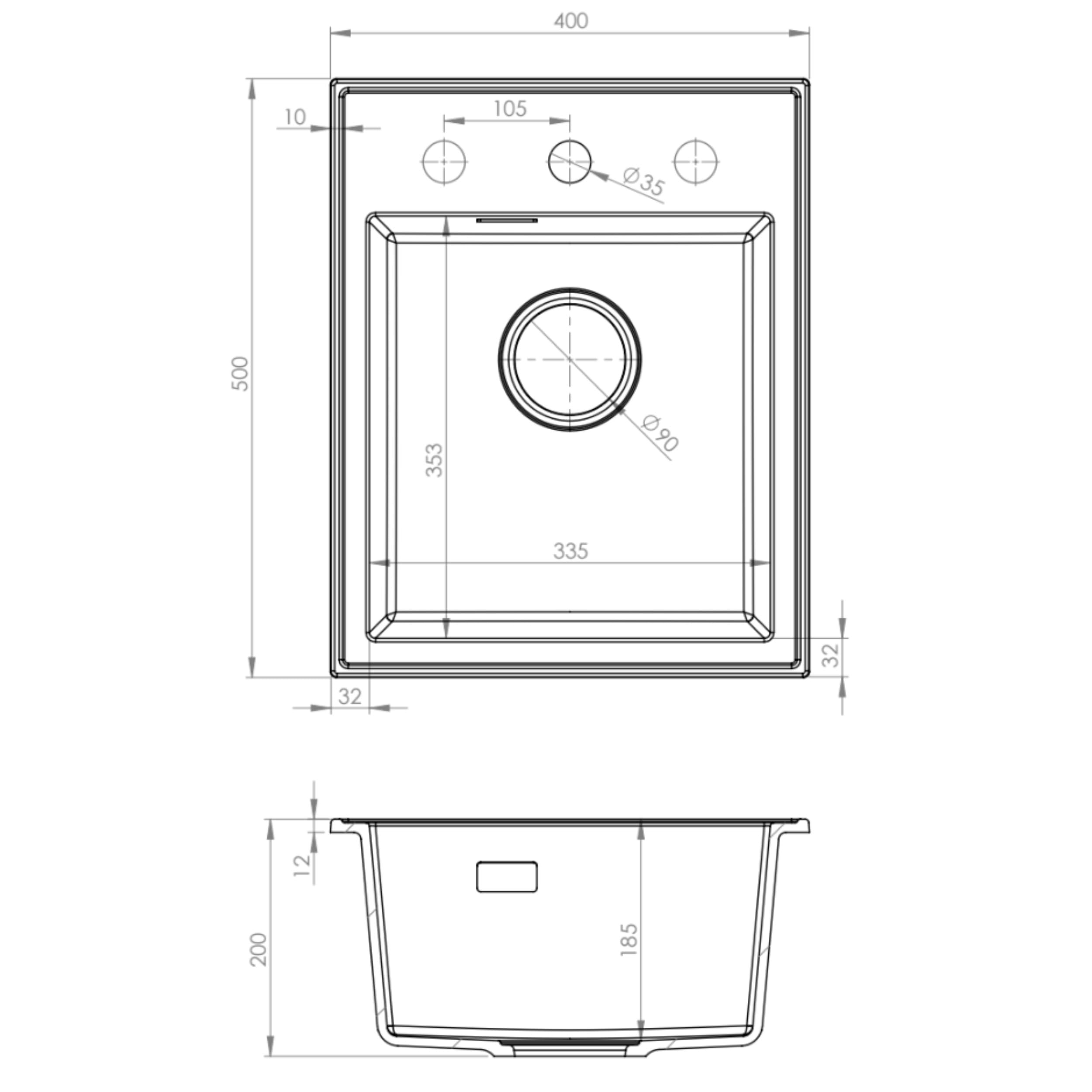 SINK QUALITY Zlewozmywak z granitu, czarny, nakrapiany, 40 x 50 cm, syfon i impregnacja, bez ociekacza, mały zlew kuchenny, do dolnych szafek od 40 cm szerokości