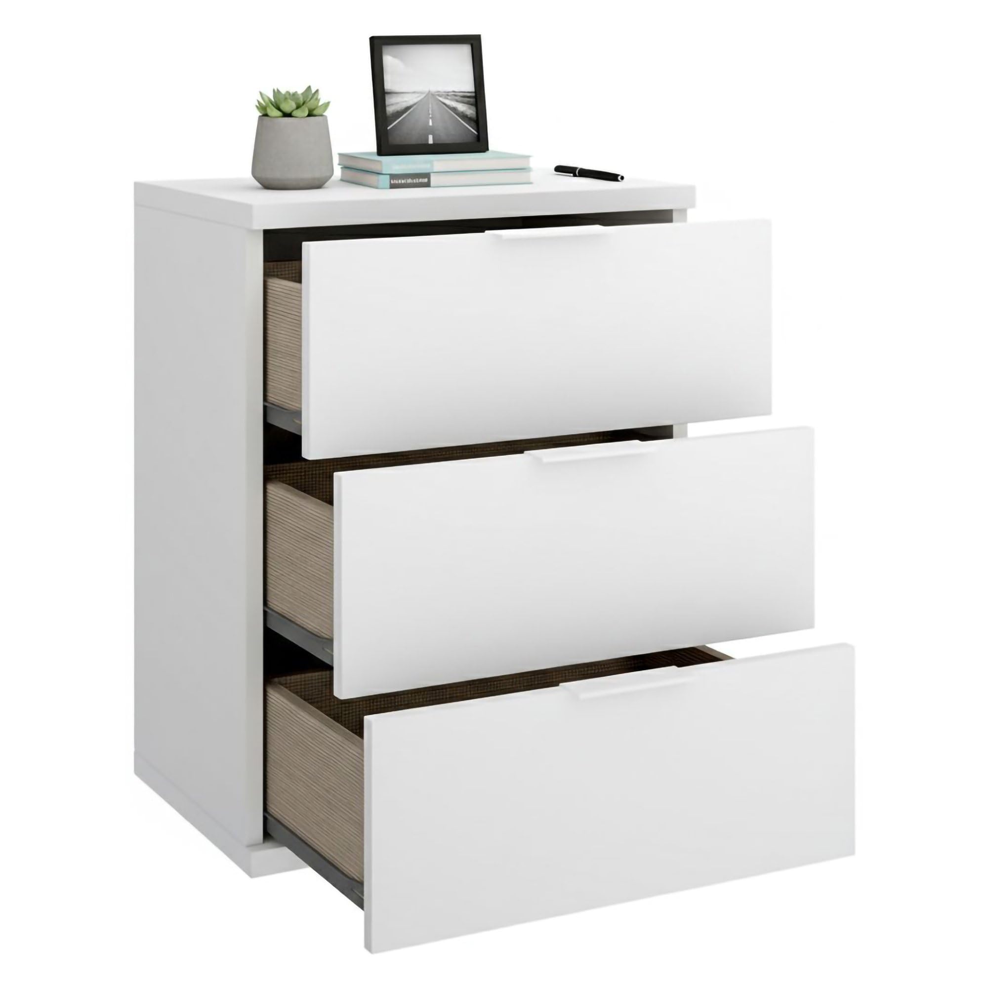 Dmora Comodino Tuoro 34x42x57h cm Bianco Un Ripiano 3 Cassetti, Apertura Scorrevole