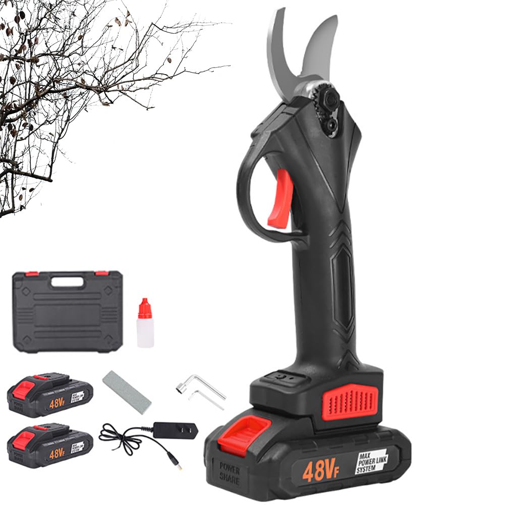 Tijeras de Podar Eléctricas con 2 Baterías de Gran Capacidad, Tijeras de Podar con Batería Inalámbrica de 48 V para Podar Árboles Sin Esfuerzo, Corta Ramas de hasta 50 mm de Diámetro