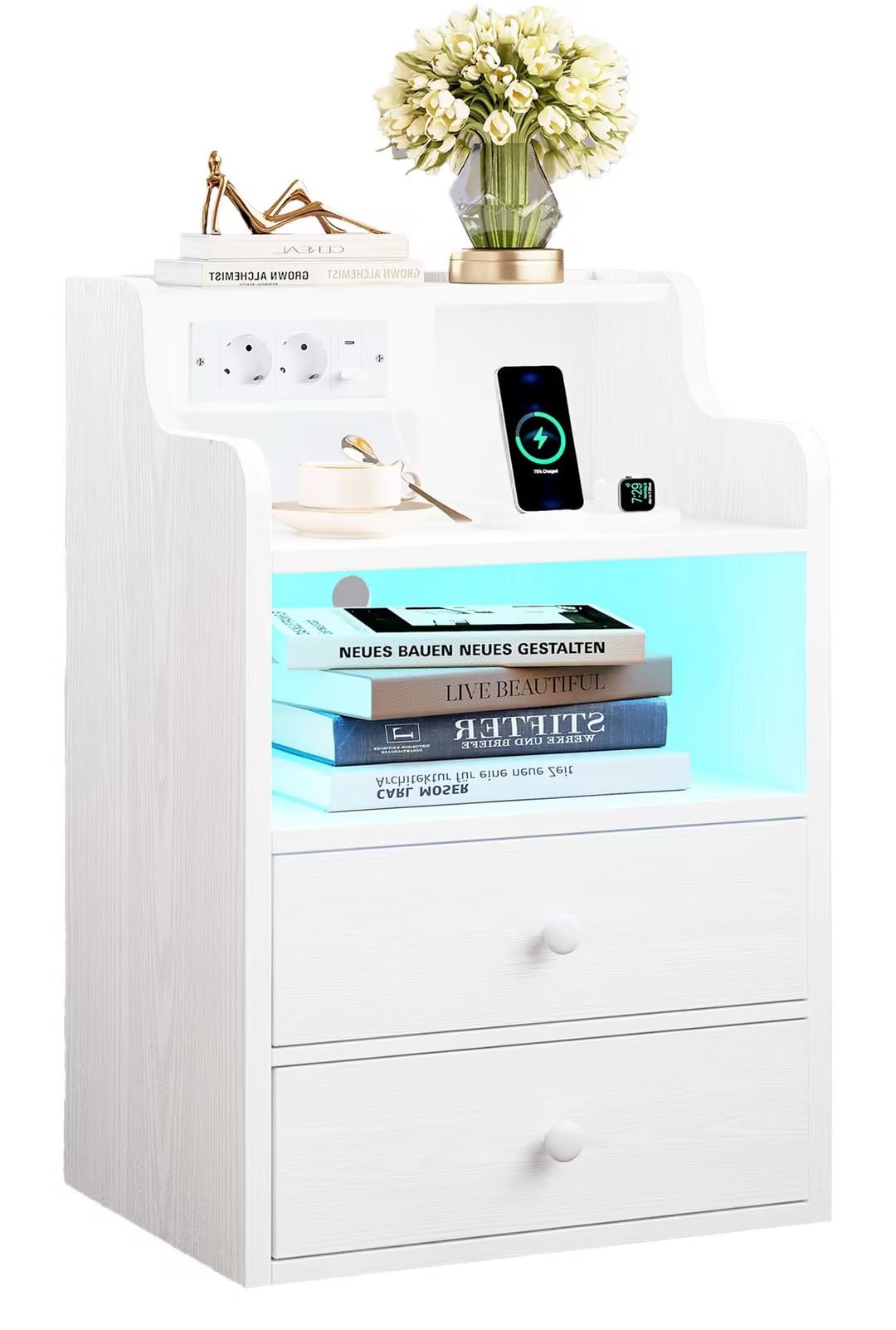 IRONCK Nachttisch LED mit Steckdose und Ladefunktion, Beistelltisch Holz, Nachtschrank mit 2 AC, 1 USB& 1 Type-C Anschlüsse, Sofatisch mit 2 Schubladen, Nachtkästchen Wohnzimmer,Schlafzimmer, Weiß