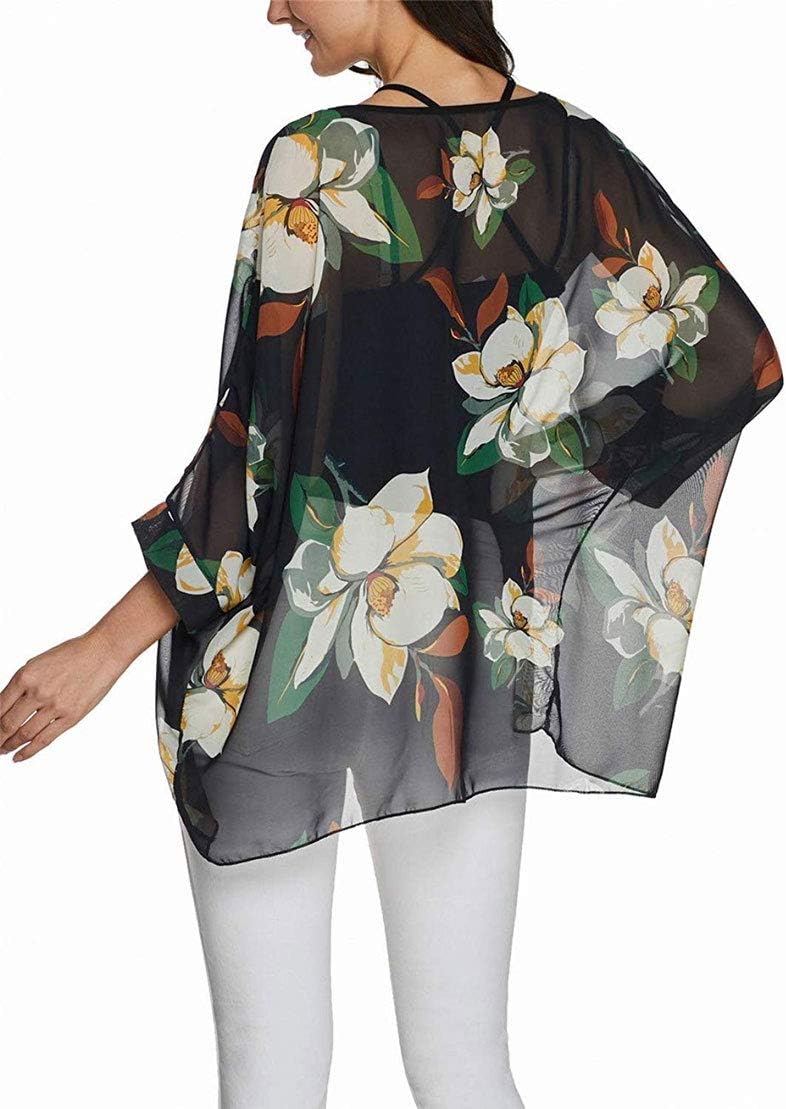 Rokou Women's Floral Printed Blouse Batwing Sleeve Top Chiffon Poncho Casual Loose Shirt Beach Tunic Tops - Image 4