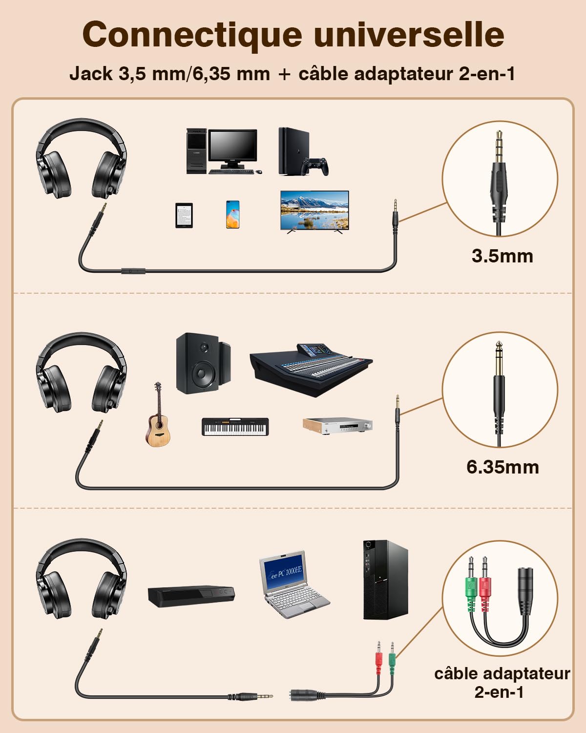 New bee Casque de studio - Pilote de 50 mm - Avec câble - Jack 6,35 et 3,5 mm - Pour studio, DJ, podcast, moniteur