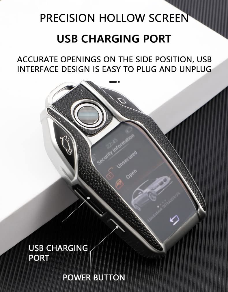 HIBEYO Smart Car Key Case Fits BMW Key Case Protective Cover for BMW 5 Series 7 Series i8 730li 740li 750li New X3 X7 Key Box Display Key Remote Key TPU Leather Texture Blue - Image 4