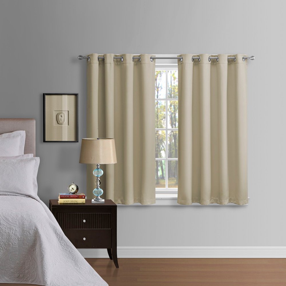 Thermal Insulated Blackout Curtains with Grommet Ring Top, 52 by 63 Inch - Set of 2 Panels With Matching Tiebacks(Beige)