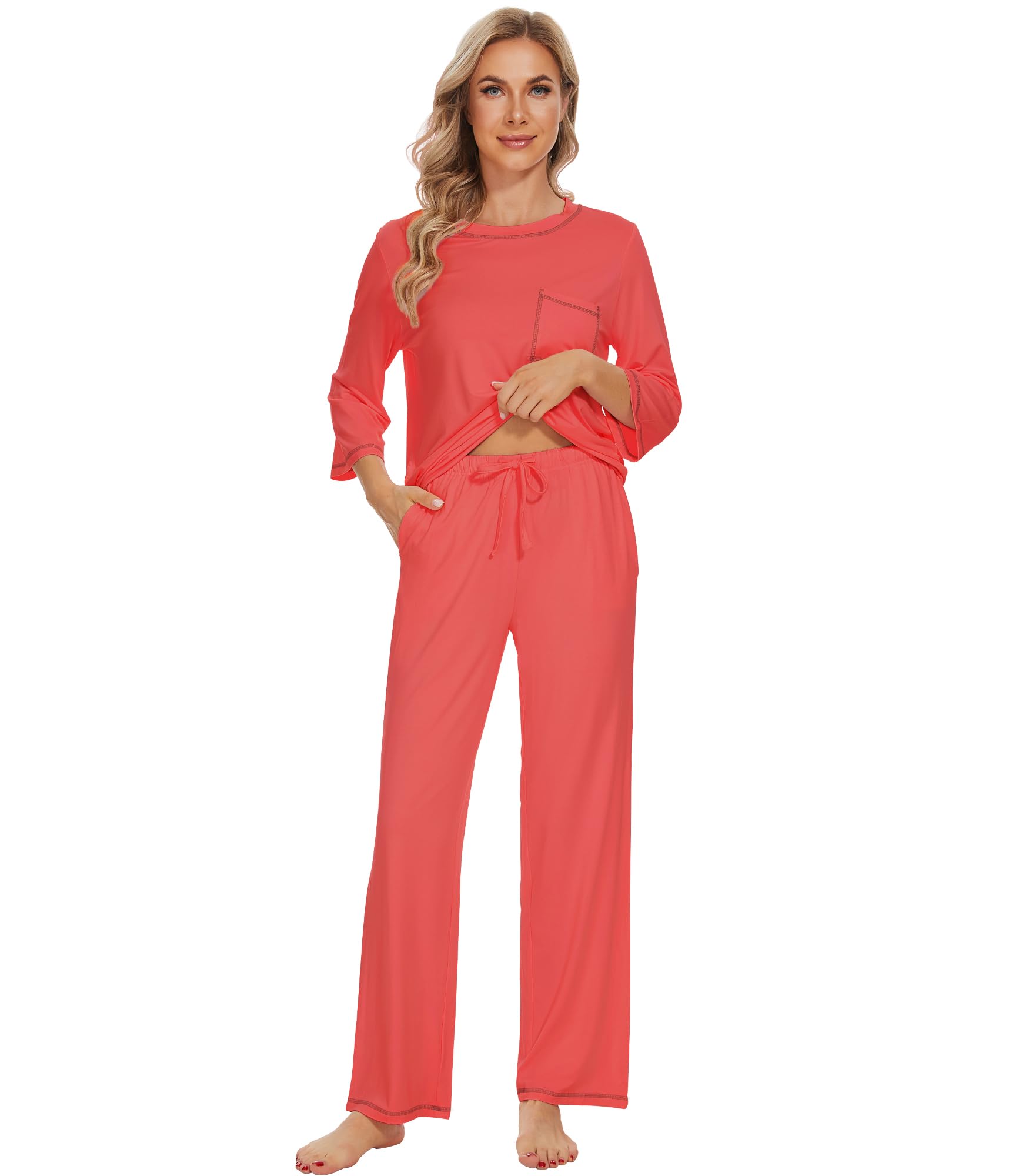 WiWi Pijama para mujer, viscosa de bambú, manga 3/4 y pantalones largos, conjunto de pijama suave, tallas S-XXL