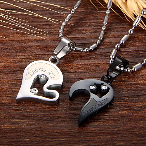 Cupimatch 2-Piece Stainless Steel Couple Necklace Rhinestone I Love You Heart Puzzle Matching Pendant with Chain2