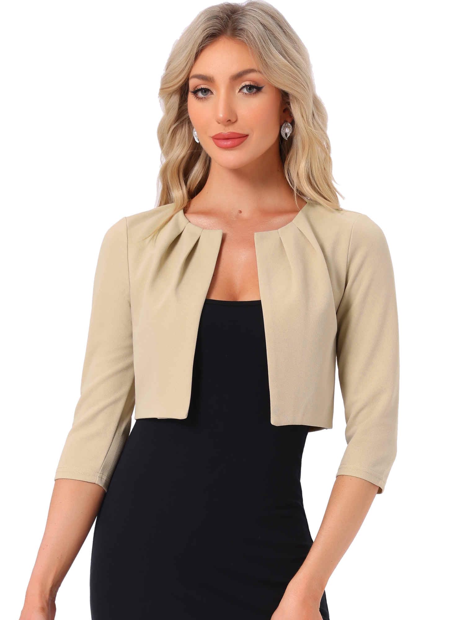 Allegra K 3 4 Sleeve Shrug Top for Womens Collarless Pleated Open Front Cropped Cardigan