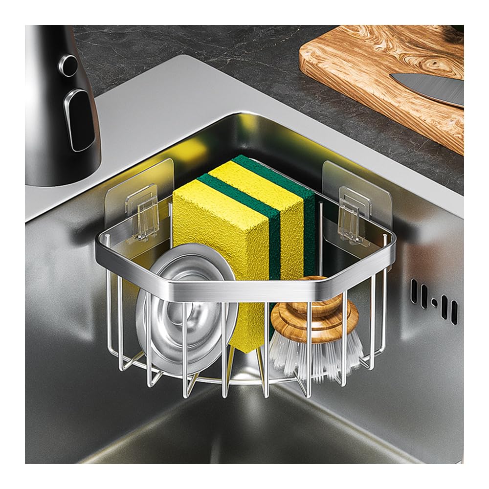 Anjing Kitchen Sink Caddy Corner Sponge Holder Organizer, Stainless Steel Adhesive with 4 Hooks