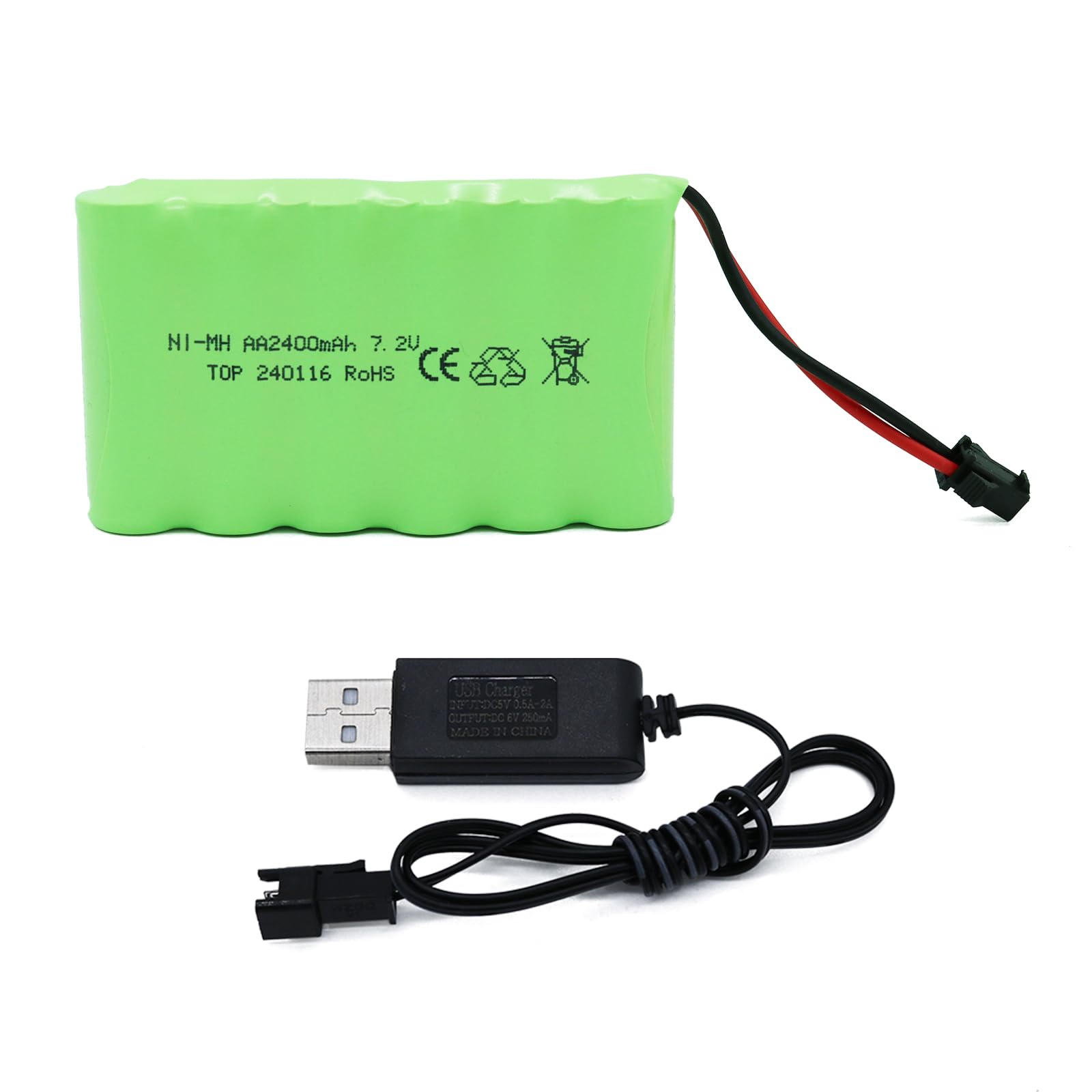 Batterie RC 7,2 V 2400 mAh – AA NiMH rechargeable – Batterie de voiture télécommandée RC rechargeable avec fiche SM-2P et câble de charge USB pour camion radiocommandé, voiture, bateau, haute