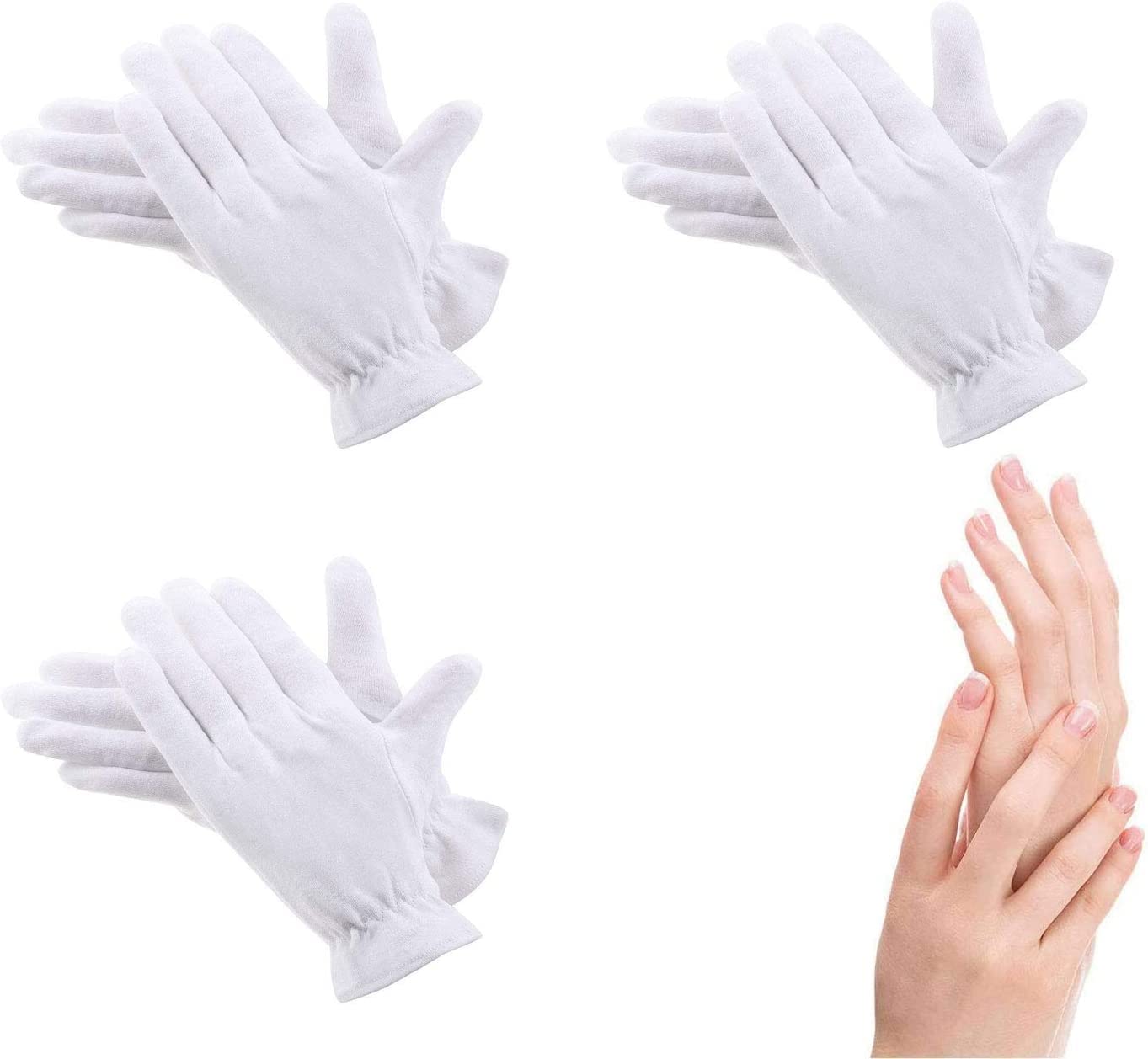 6 pezzi (3 paia) guanti in cotone bianco per mani asciutte, idratanti, cosmetici, eczema, spa e monete, ispezione, handsc