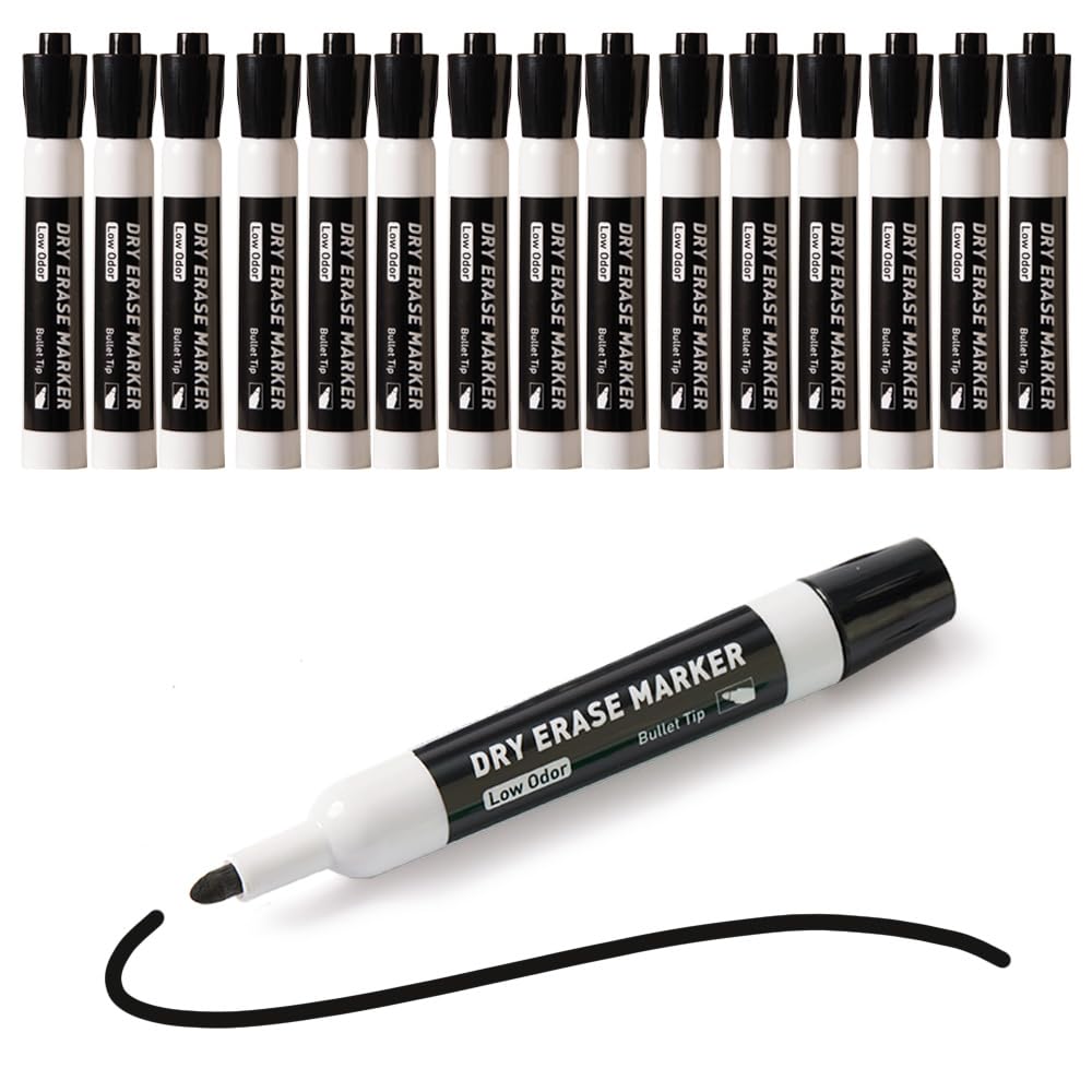 FLYWIND 15PCS Whiteboard Pens Black Dry Wipe Erase Markers 2.7mm Bullet Tip