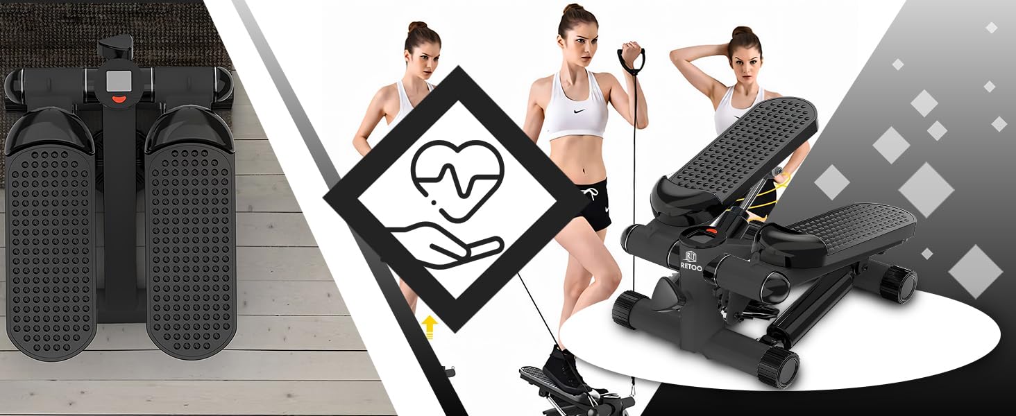 Retoo Stepper für Zuhause mit LCD Display & Widerstandsbändern, Stepper bis 100 kg, Ganzkörpertraining für Beine & Arme, Kompaktes Fitnessgerät mit Hydrauliksystem, Schwarz