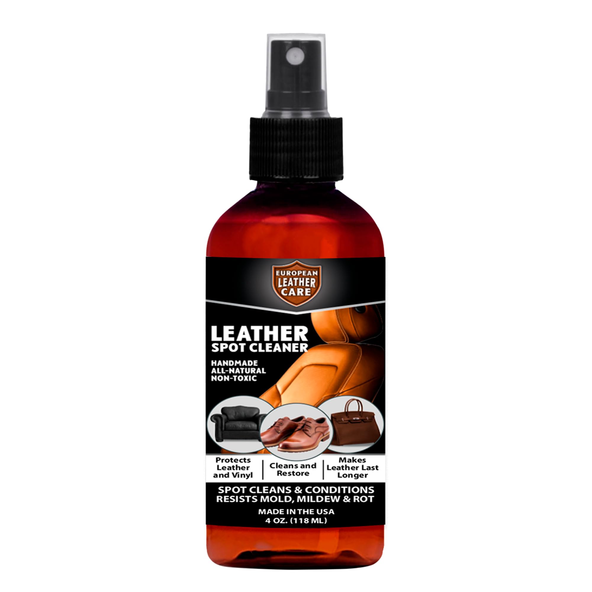 European Leather Care Leather Spot Cleaner 4 oz Car Leather Cleaner and Conditioner for Leather Couch Cleaner, Furniture, Car Seat, Shoes, Boots, Purse - Natural Ingredient Leather Shoe Cleaner USA
