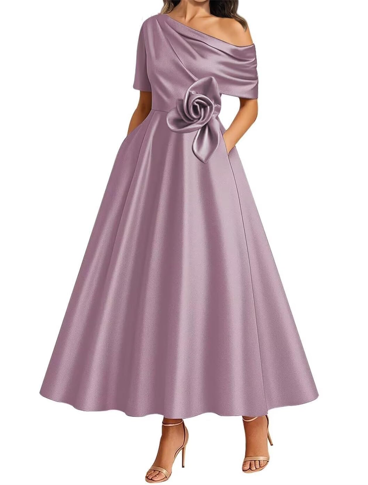 WISIYLE 3D Flower Bridesmaid Dresses Cap Sleeve Prom Mother of The Bride Dress One Shoulder Wedding Formal Gowns WQL008 Wisteria UK16