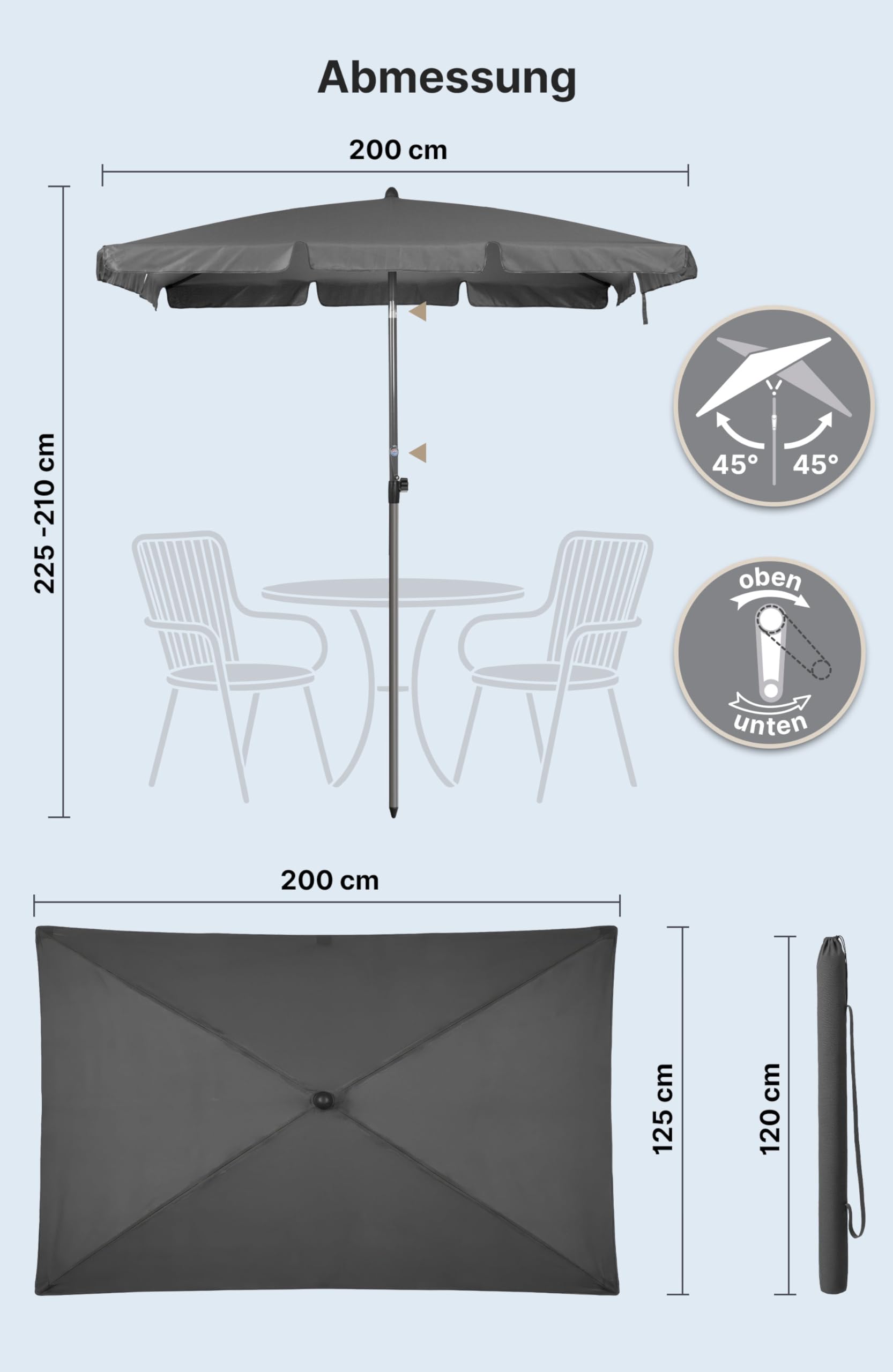 4smile Sonnenschirm Balkon mit Kurbel, Sonnenschirm rechteckig 200x125 cm, Sonnenschutz Balkon mit UPF 50+, Balkonschirm mit Schutzhülle, knickbar und höhenverstellbar, Anthrazit